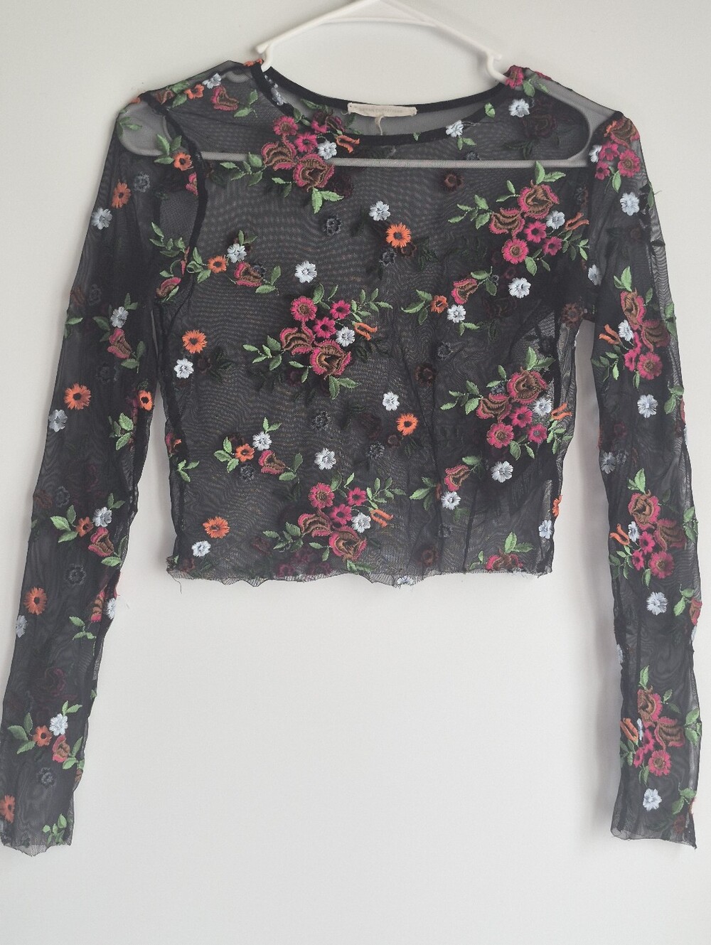 Urban Outfitters Black Sheer Long Sleeve Mesh Top with Floral Embroidery